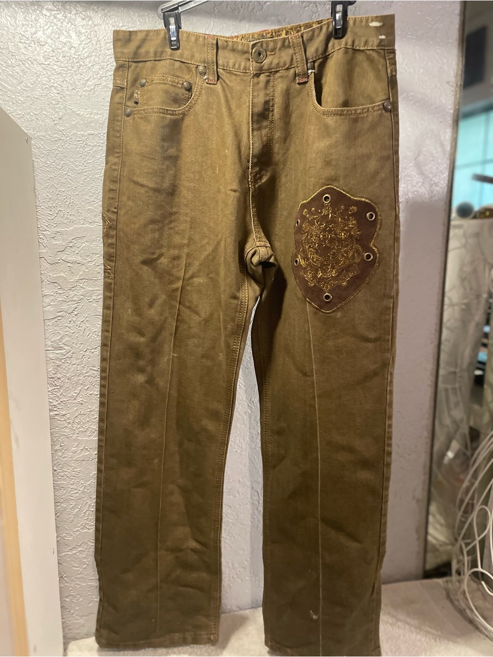 Men's Olive Brown Work Chinos with Decorative Patch